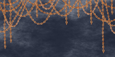 Gold chains hanging stripes, watercolor illustration. New Year, horizontal pattern on a blue background. Banner, frame borderの写真素材