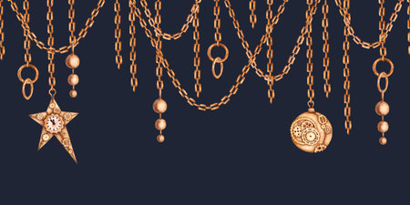 Chain with gold links, rings and balls, star watercolor illustration, hand drawn. New Year,...