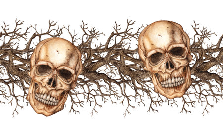 Human skull realistic frontal and dry branches watercolor illustration. Bones creepy, terrible. Day of the dead, Halloween, Dia de los muertos. Isolated from background. Symbolism of life and death.の写真素材
