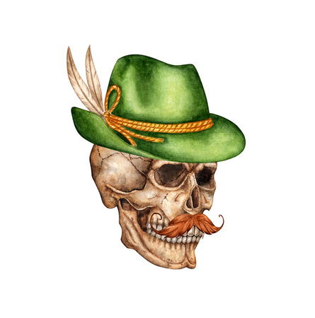 Realistic skull with red mustache and green hat watercolor illustration. Isolated creepy head for Halloween, Dia de los Muertos, spooky decor, gothic poster, dark fantasy, horror design, occult theme.の写真素材
