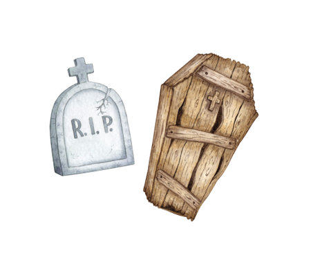 Old wooden coffin and stone gray tombstone for Halloween. Dead man's box isolated from background. Attribute for ritual burial. Conceptual design for poster, card, banner, wallpaper, wrapping paper,の写真素材