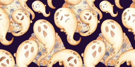 Ghost small, beige, with cute creepy expression and moon watercolor illustration, hand drawn. Halloween spirit, isolated on blue. Pattern is perfect for holiday, children's designs or seasonal decor.の写真素材