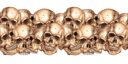Human skull realistic watercolor illustration. Bones are creepy, terrible. Day of the dead, Halloween, Dia de los muertos. Isolated from the background. The pattern is horizontal. Ideal for medical,の写真素材