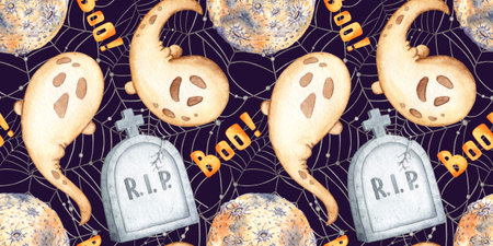 Ghost small beige color, with cute creepy expression and tombstone, moon, text boo, spider web watercolor illustration. Halloween spirit, isolated on blue. Pattern perfect for holiday, children designの写真素材