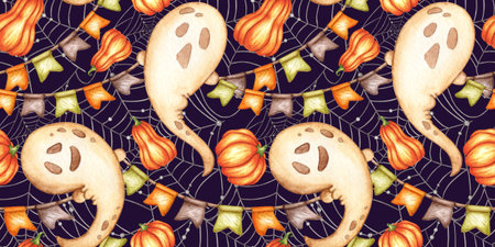 Ghost small, beige color, with cute creepy expression and pumpkins, garlands, cobwebs watercolor illustration. Halloween spirit, isolated on blue. Pattern is perfect for holiday, children's designs.の写真素材
