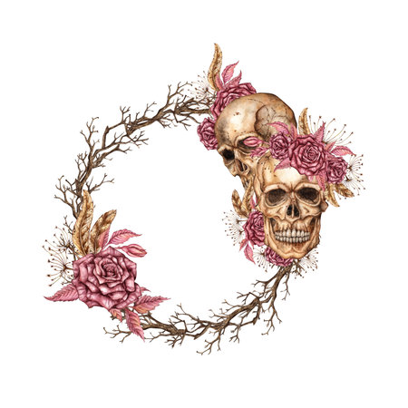 Skulls with burgundy roses and dry branches, round frame. Watercolor illustration in Gothic style. Suitable for Halloween, Day of the Dead, decor, invitations, prints. Isolated from the background.の写真素材
