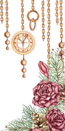 Burgundy roses, pine, twigs, dried flowers, cones, gear, chains and pendants, rectangular frame history steampunk watercolor illustration. Suitable for Christmas and New Year decor. Isolatedの写真素材