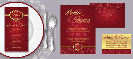 invitation for marriage, the shades of burgundy, with envelope and menuのイラスト素材