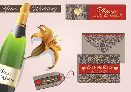 wedding invitation, in which gray and red colors with golden eyes, with placeholders and thanksgivingのイラスト素材