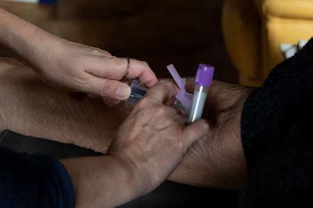 Middle-aged home nurse giving a blood transfusion to an elderly patient for a blood test.の写真素材