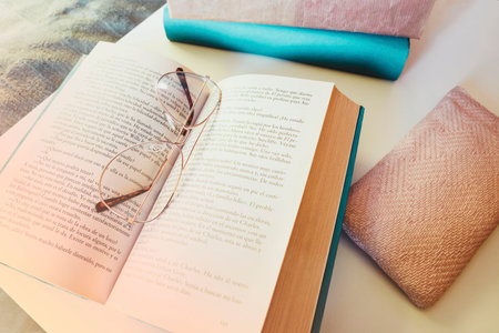 Close-up. Retro glasses resting on the open book, next to the pink glasses case and some books, on the bedside table in the bedroom, in the morning.の写真素材
