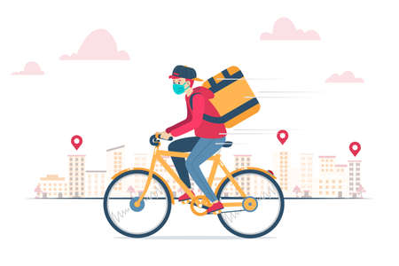 Vector illustration of a delivery courier, wearing a mask because of coronavirus, delivering an order on a bikeのイラスト素材
