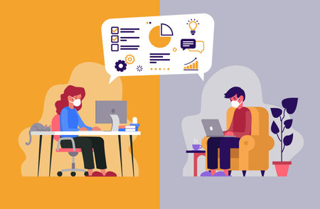 Vector illustration of two workers telecommuting from their homes because of the coronavirusのイラスト素材