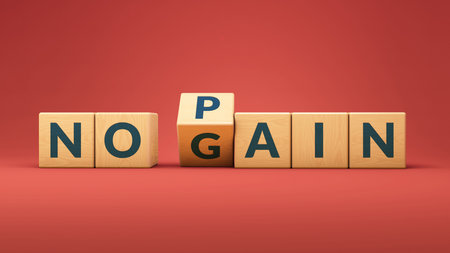 No pain no gain wooden cubes in 3d rendering on a red desk and background. Wooden cube with word "pain" to "gain"の写真素材