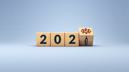 3d rendering of new year 2021 and covid vaccine concept in wooden cubes