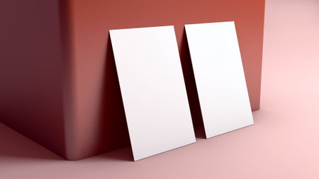 Two vertical business card mockup resting on a wall. Minimal branding and stationery design concept....