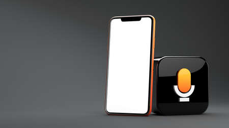 Valencia, Spain, January 2021: 3D rendering of Stereo app icon and mobile phone isolated on a dark background. Close-up of Stereo application logo. Live podcast, talks and chattingのeditorial素材