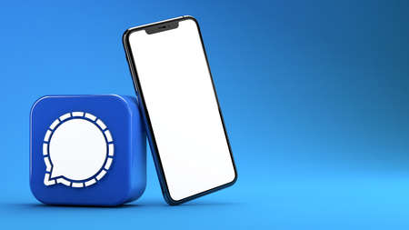 Valencia, Spain, January 2021: 3D rendering of Signal messenger app icon and mobile phone isolated...