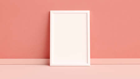 Vertical white photo frame mockup on the floor leaning against the room wall in 3D rendering....