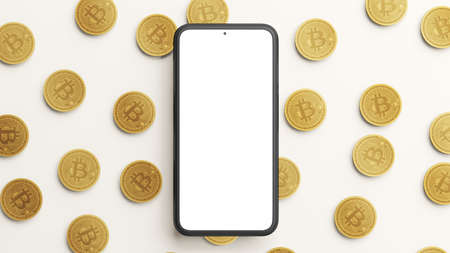Mobile phone mockup blank screen and some physical bitcoins cryptocurrencies on a white background. 3D rendering. Cryptocurrency coin 2p2 exchange, blockchain technologyの写真素材