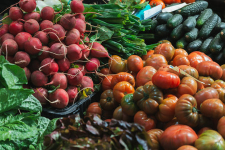 Stock photo of a bunch of assorted fresh vegetables at a market stallの写真素材