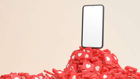 Mobile phone mockup blank screen with a mountain of social media like notifications in 3D rendering....