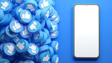 Mobile phone mockup blank screen with a heap of social media thumb up likes on a blue background in 3D rendering. Social network marketing and advertising templateの写真素材