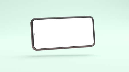 Horizontal wide screen mobile phone mockup floating on a green background in 3D rendering. Realistic template of isolated cellphone frame and blank display concept for presentationsの写真素材