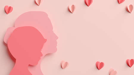 Happy Mother's Day elegant greeting card background, mom and son silhouettes and hearts in papercut style with copy space. Banner template in 3D renderingの写真素材