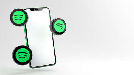Valencia, Spain - April, 2021: Spotify icons and mobile phone for social media template in 3D rendering. Spotify is one of the most popular music streaming services for mobile and desktop devicesのeditorial素材