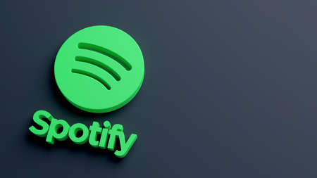 Valencia, Spain - April, 2021: Spotify logo on a minimal dark background and copy space in 3D rendering. Spotify is one of the most popular music streaming services for mobile and desktop devicesのeditorial素材