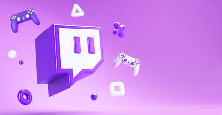 Valencia, Spain - April, 2021: Twitch app icon floating with gamepads and geometric objects for...