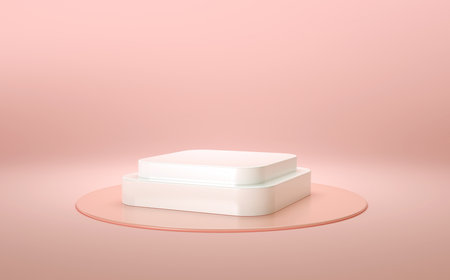 3D rendering of an elegant square podium in white and rose gold for product display. Realistic pedestal, empty platform for ads, background and presentationsの写真素材