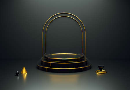 3D rendering of a luxurious black and gold podium for a product display. Realistic pedestal, empty platform for ads, background and presentationsの写真素材