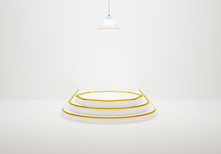 3D rendering of a luxurious white and gold podium for a product showcase. Realistic pedestal, empty platform for ads, background and presentationsの写真素材
