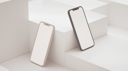 App ui ux concept presentation on two phones blank screen mockup in 3D rendering. Application interface and web design conceptの写真素材