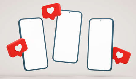 Three empty screen phone mockup with social media heart notifications. Smartphone display and social network buttons, realistic presentation template in 3D renderingの写真素材