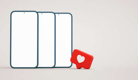 Three phone mockup blank screen with social media heart button. Cellphone display for realistic...