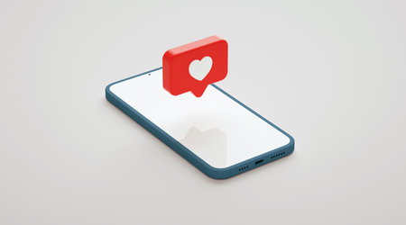 Isometric view of screen phone mockup with social media like button. Smartphone display and social network notification, realistic presentation template in 3D renderingの写真素材