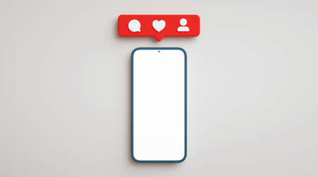 Blank screen phone mockup with social media notifications. Smartphone display in flat lay view with social network button, realistic presentation template in 3D renderingの写真素材
