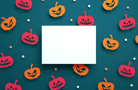Happy Halloween card mockup with pumpkins background in 3D rendering. Halloween party blank flyer templateの写真素材