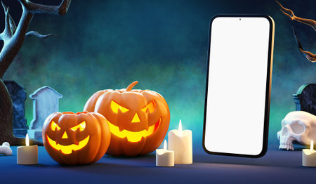 Halloween mobile phone mockup blank screen in a mysterious night scene with pumpkins and fog. Happy Halloween mobile phone app templateの写真素材