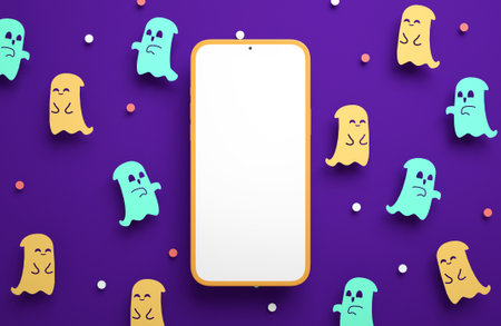 Halloween phone mockup blank screen on a cute paper ghosts background in 3D rendering. Happy Halloween mobile phone banner templateの写真素材