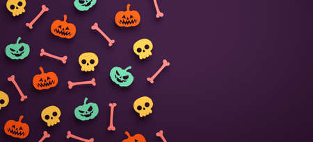Halloween banner background with pumpkins, bones, skulls and copy space in 3D rendering. Happy Halloween flyer template with stuff in paper cut styleの写真素材