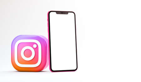 Valencia, Spain - October, 2021: Instagram app icon with mobile phone mockup isolated on white background in 3D rendering. Instagram is an online social media network for sharing photos and videosのeditorial素材
