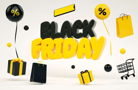 Black Friday background with yellow lettering and floating stuff in 3D rendering. Special offer poster and online shopping conceptの写真素材