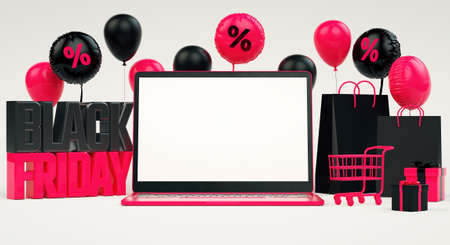 Black Friday sale banner background with laptop mockup blank screen and stuff in realistic 3D...