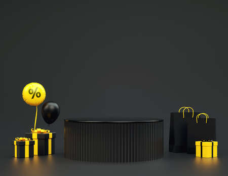 Online shopping elegant dark podium platform for product presentation on a dark background. Black Friday concept with gift boxes and yellow stuff in 3D renderingの写真素材