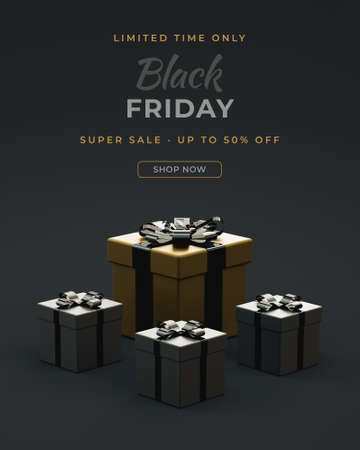 Black Friday social media post with gift boxes in realistic 3D rendering. Lettering text, special offer, social network dark background flyer and online shopping concept