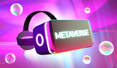 Metaverse futuristic concept with VR virtual reality headset in 3D. Meta verse is a virtual world space simulation technology for game and entertainment. NFT and blockchain life style in the futureの写真素材